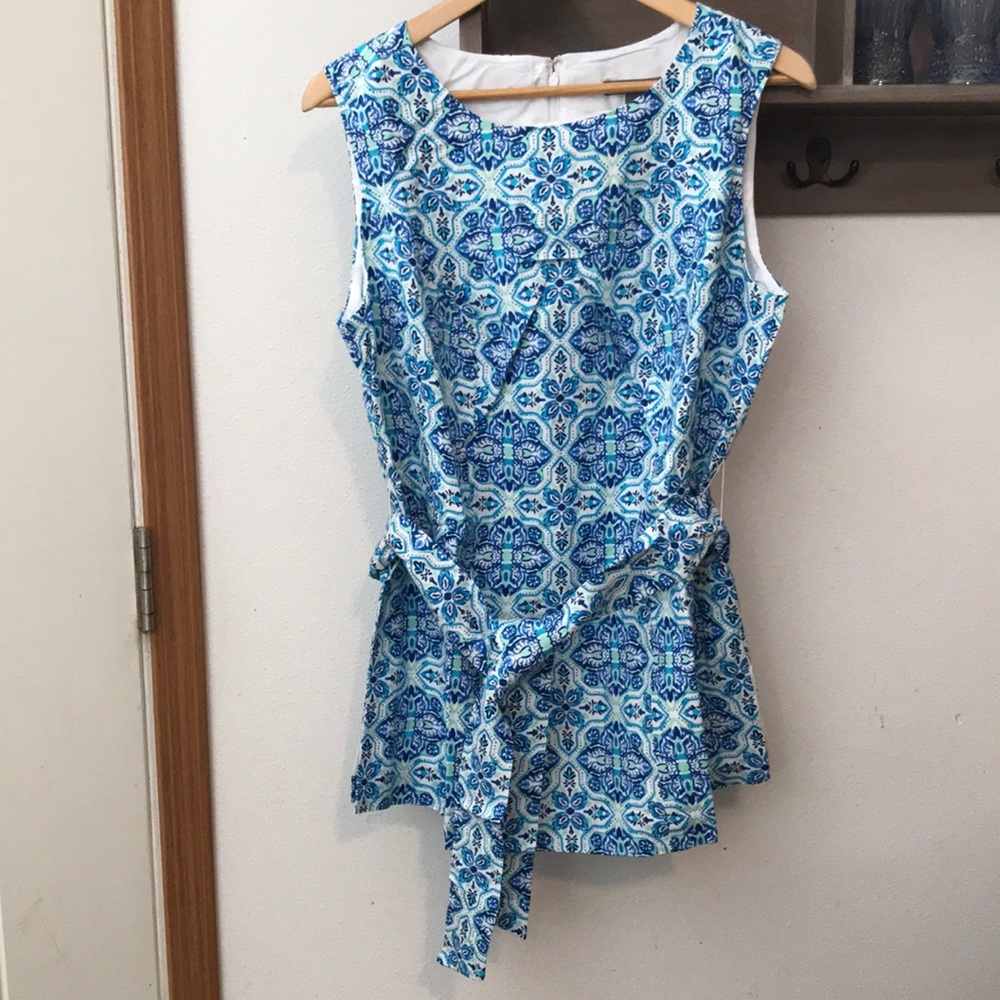 Jessica London blouse, sleeveless, belt, blue, green, white, size 16W